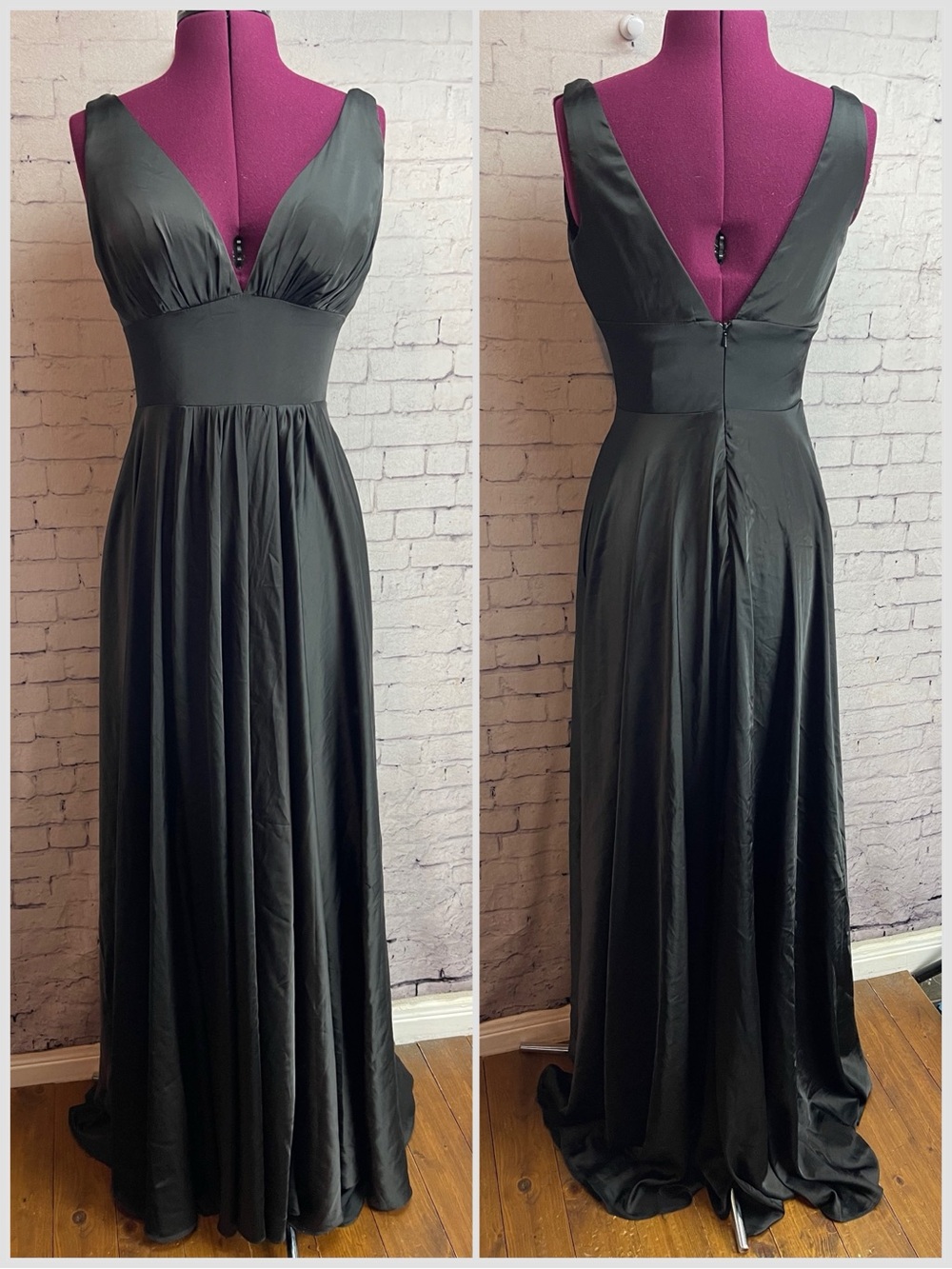 Let’s size small black satin full length dress Deep v neck